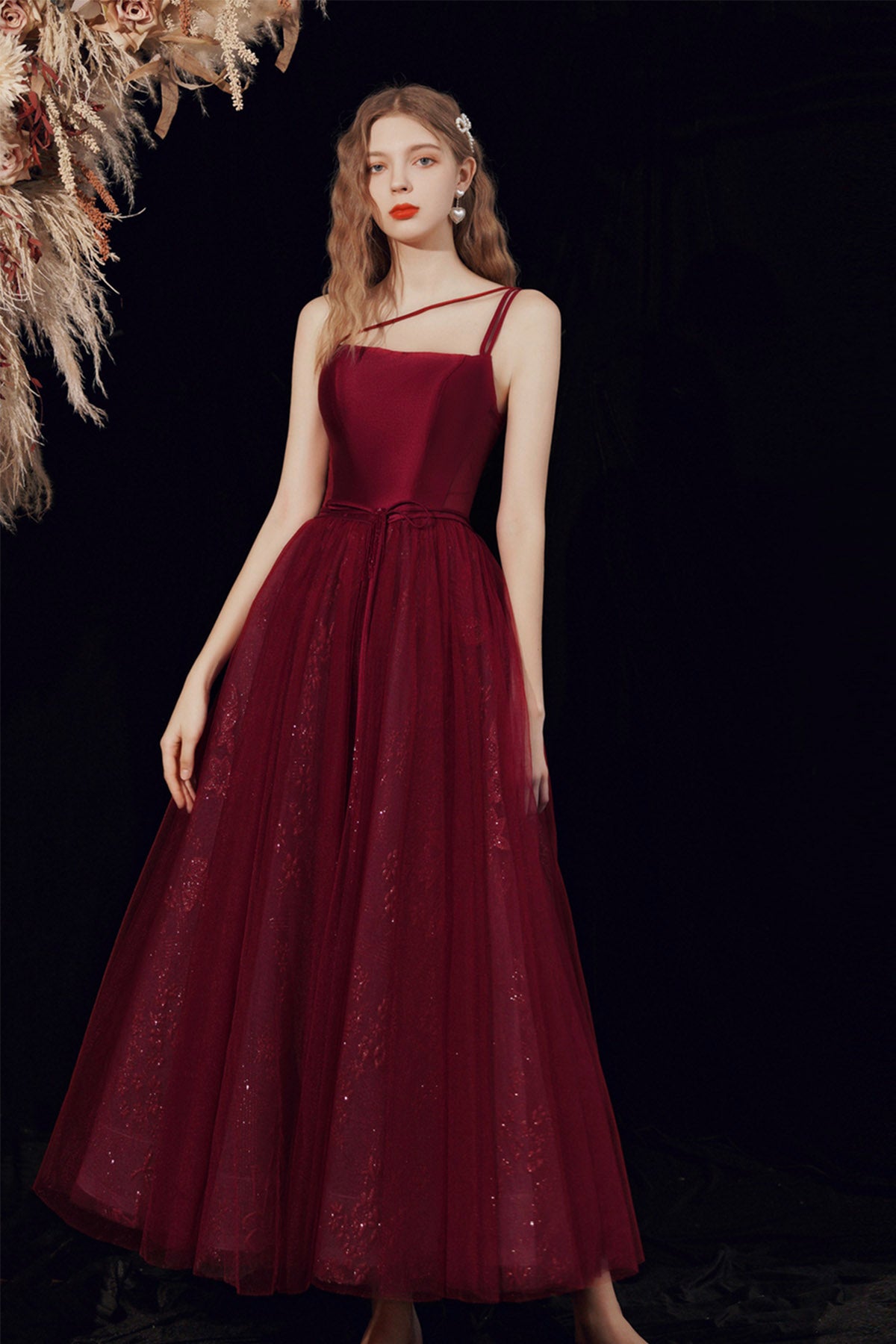 Spaghetti Straps Tulle Long Prom Dress, Burgundy Evening Party Dress