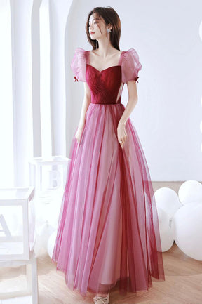 Burgundy Tulle Long Prom Dress, A-Line Short Sleeve Formal Evening Dress