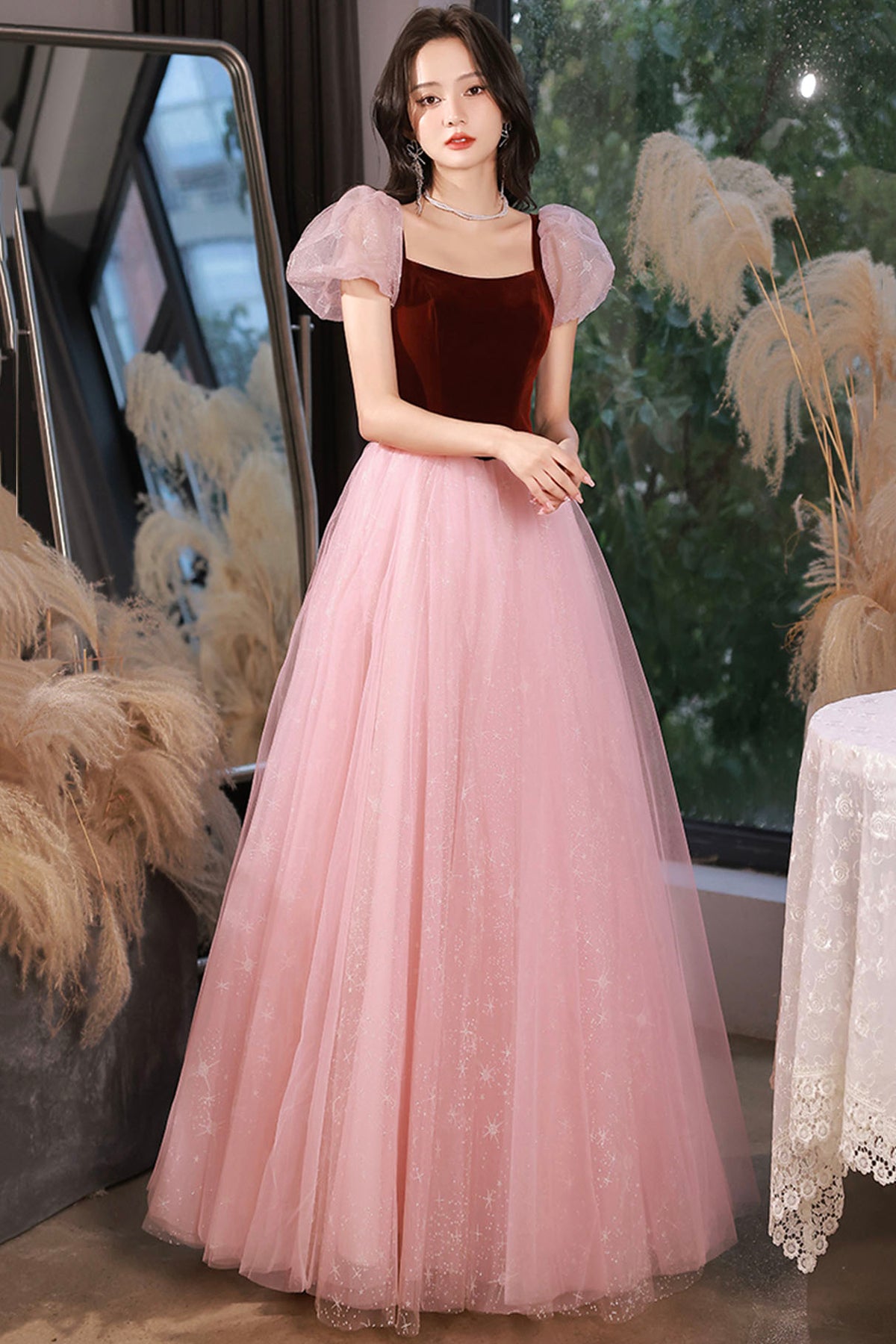 Pink Tulle and Velvet Short Sleeves Party Dress, Pink Floor Length Formal Dress