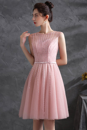 Pink Scoop Tulle Short Prom Dress with Beaded, Pink Knee Length Party Pink Scoop Tulle Short Prom Dress with Beaded, Pink Knee Length Party
