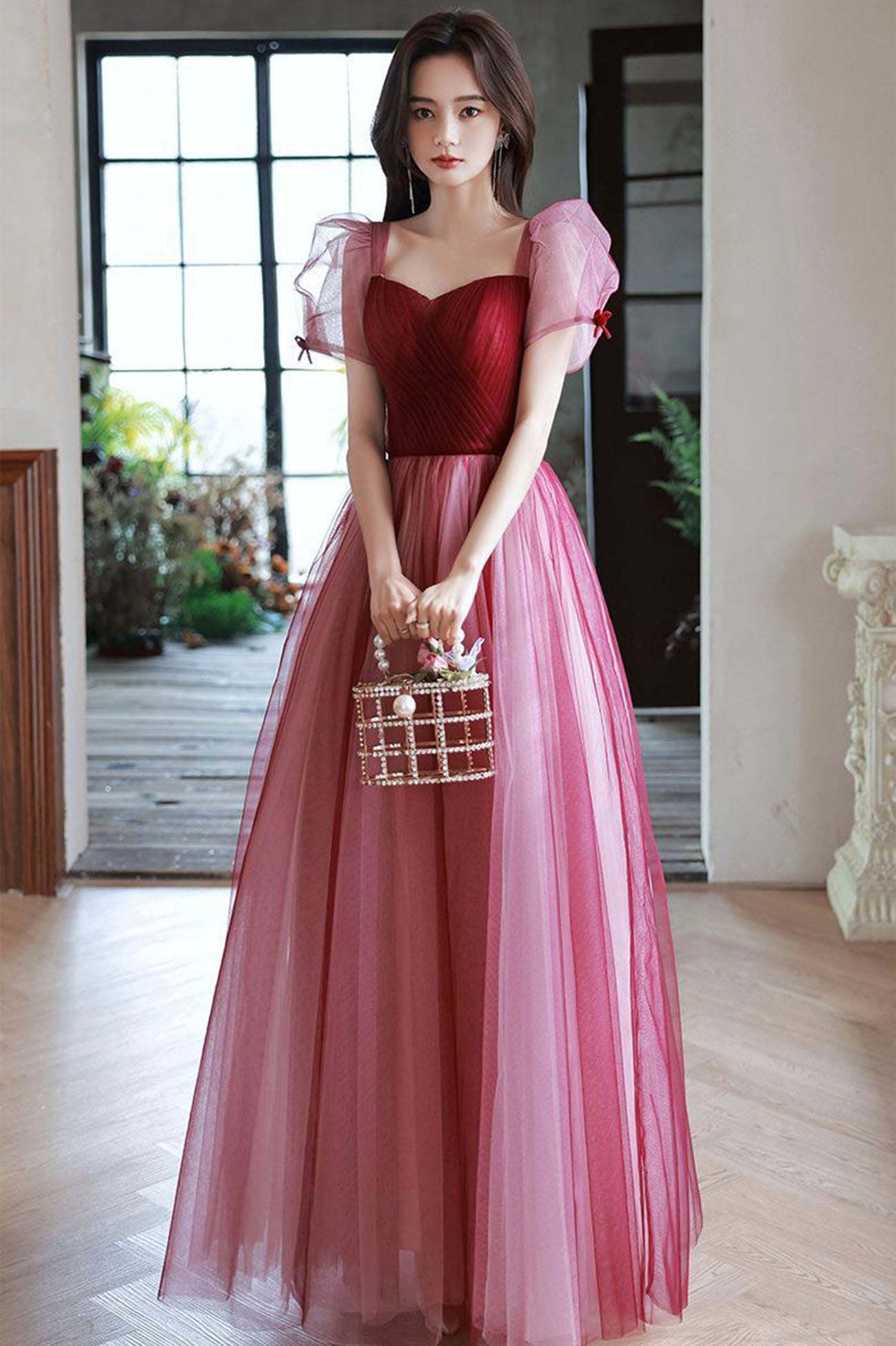 Burgundy Tulle Long Prom Dress, A-Line Short Sleeve Formal Evening Dre Burgundy Tulle Long Prom Dress, A-Line Short Sleeve Formal Evening Dre