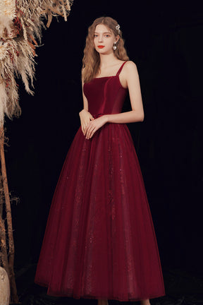 Spaghetti Straps Tulle Long Prom Dress, Burgundy Evening Party Dress