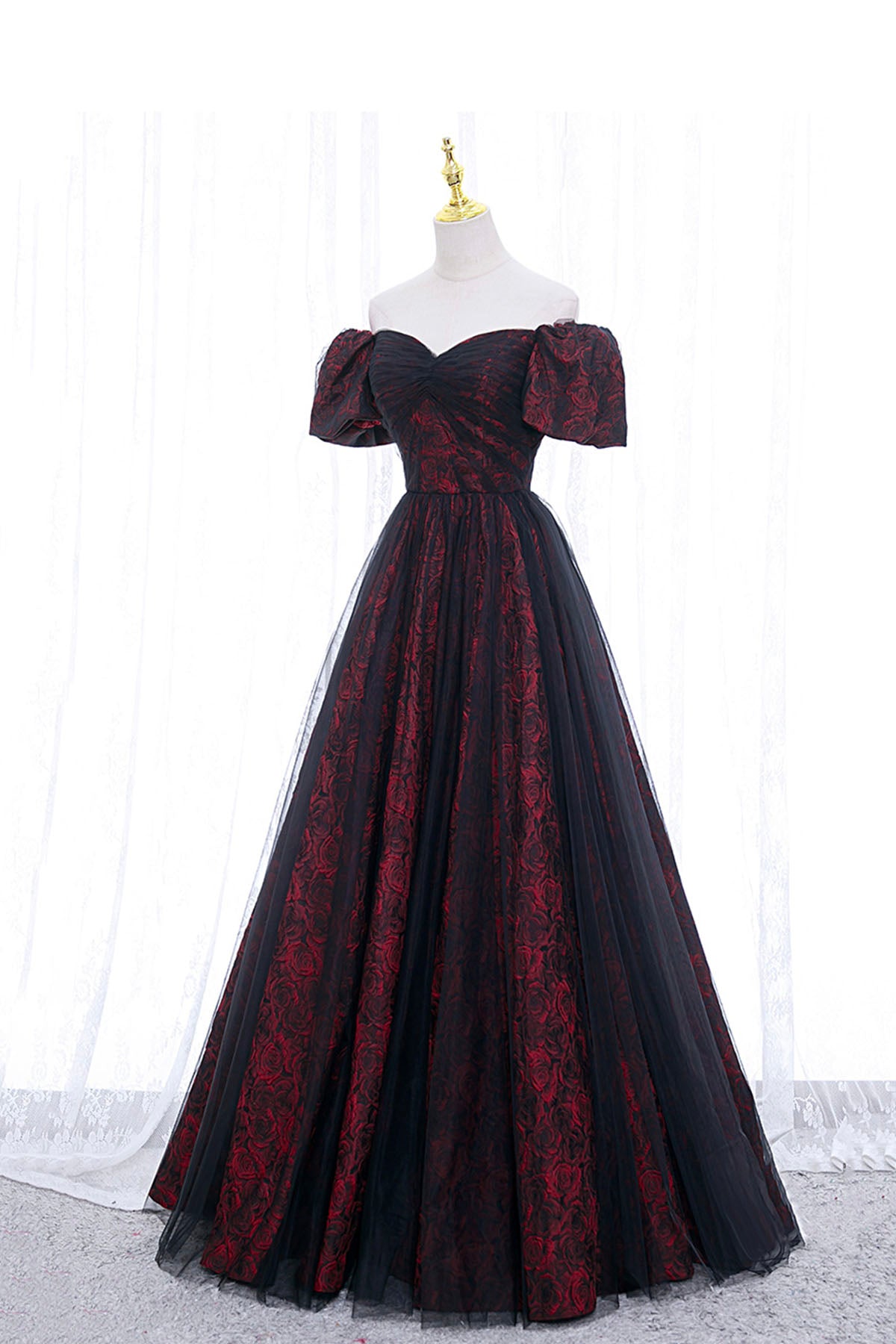 Black Tulle Short Sleeve Formal Evening Dress, Off the Shoulder Prom D Black Tulle Short Sleeve Formal Evening Dress, Off the Shoulder Prom D