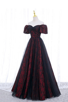 Black Tulle Short Sleeve Formal Evening Dress, Off the Shoulder Prom Dress