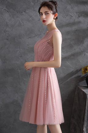 Pink Scoop Tulle Short Prom Dress with Beaded, Pink Knee Length Party Dress