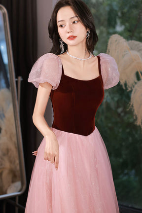 Pink Tulle and Velvet Short Sleeves Party Dress, Pink Floor Length Formal Dress