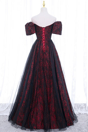 Black Tulle Short Sleeve Formal Evening Dress, Off the Shoulder Prom D