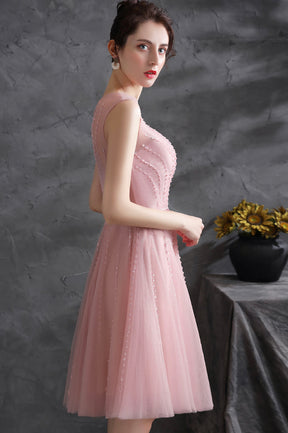Pink Scoop Tulle Short Prom Dress with Beaded, Pink Knee Length Party Dress