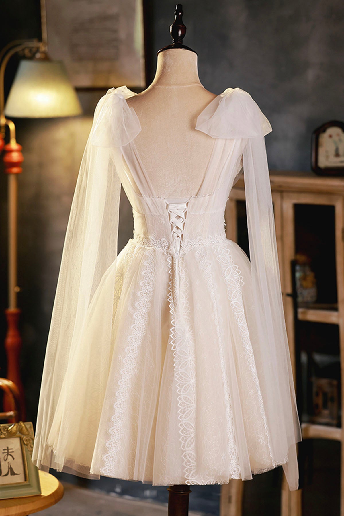 Champagne V-Neck Lace Short Prom Dress, Lovely A-Line Evening Party Dress
