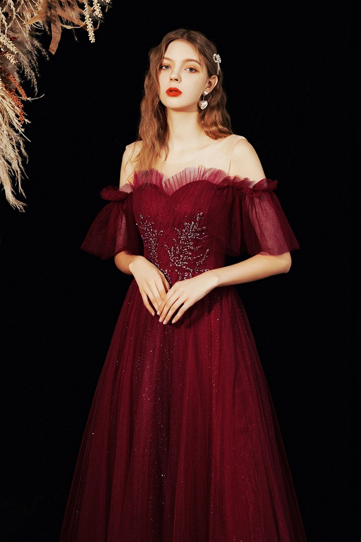Burgundy Shiny Tulle Long A-Line Prom Dress, Off the Shoulder Party Dress