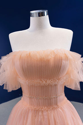 Pink Tulle Lace Strapless Prom Dress,  Pink A-Line Evening Party Dress