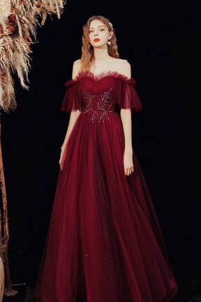 Burgundy Shiny Tulle Long A-Line Prom Dress, Off the Shoulder Party Dress