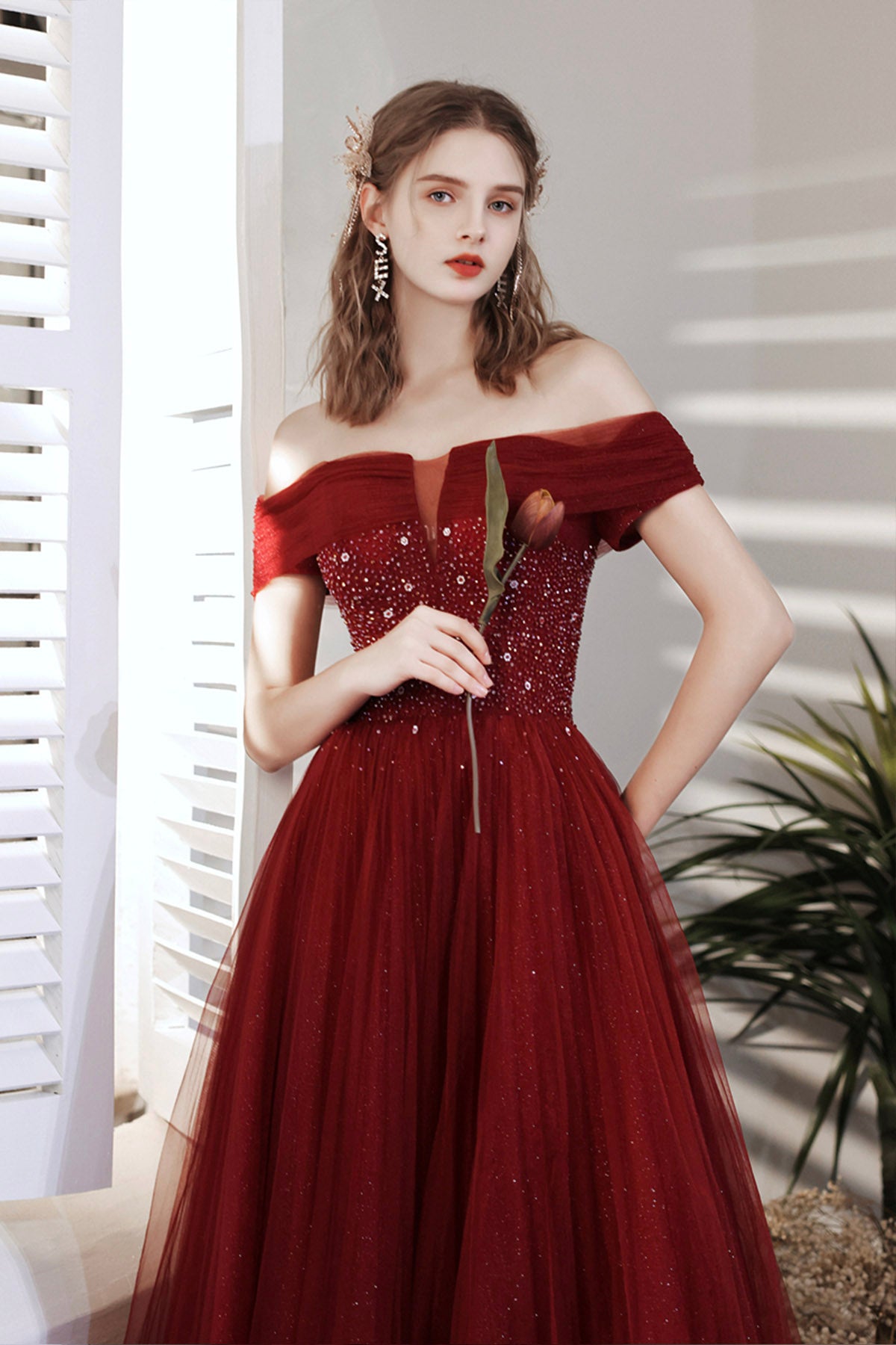 Burgundy Beaded Off Shoulder Lace-Up Prom Dress, Burgundy Evening Part Burgundy Beaded Off Shoulder Lace-Up Prom Dress, Burgundy Evening Part