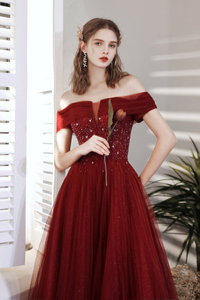 Burgundy Beaded Off Shoulder Lace-Up Prom Dress, Burgundy Evening Party Dress