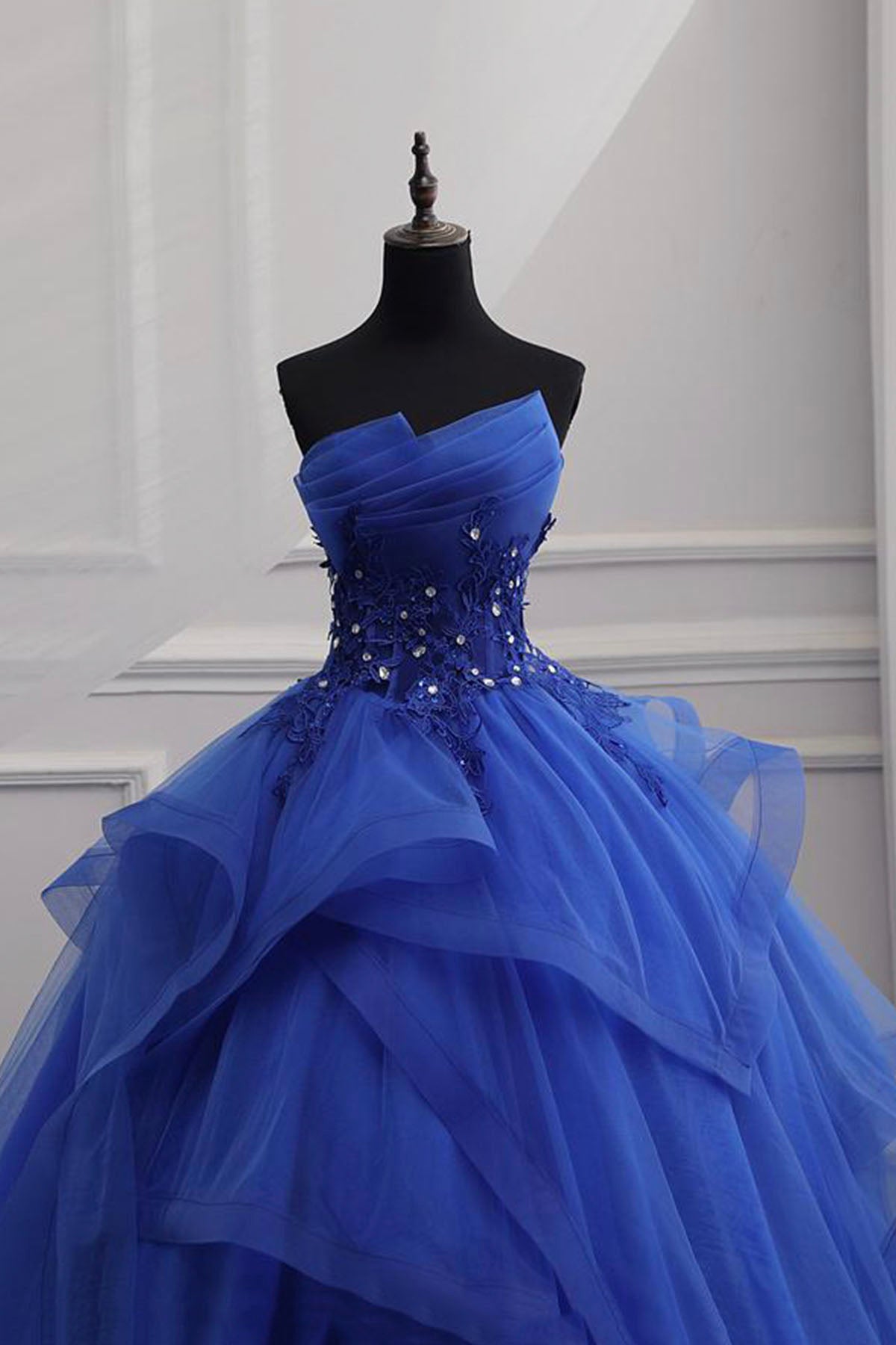 Blue Lace Strapless Ball Gown Formal Dress, Blue Long Sweet 16 Dress Blue Lace Strapless Ball Gown Formal Dress, Blue Long Sweet 16 Dress