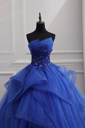 Blue Lace Strapless Ball Gown Formal Dress, Blue Long Sweet 16 Dress