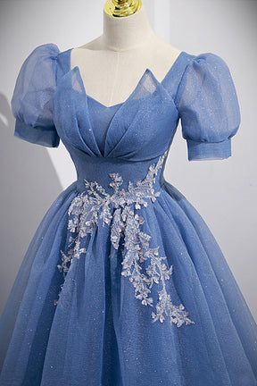 Blue Tulle Lace Floor Length Prom Dress, Blue Short Sleeve Evening Dress
