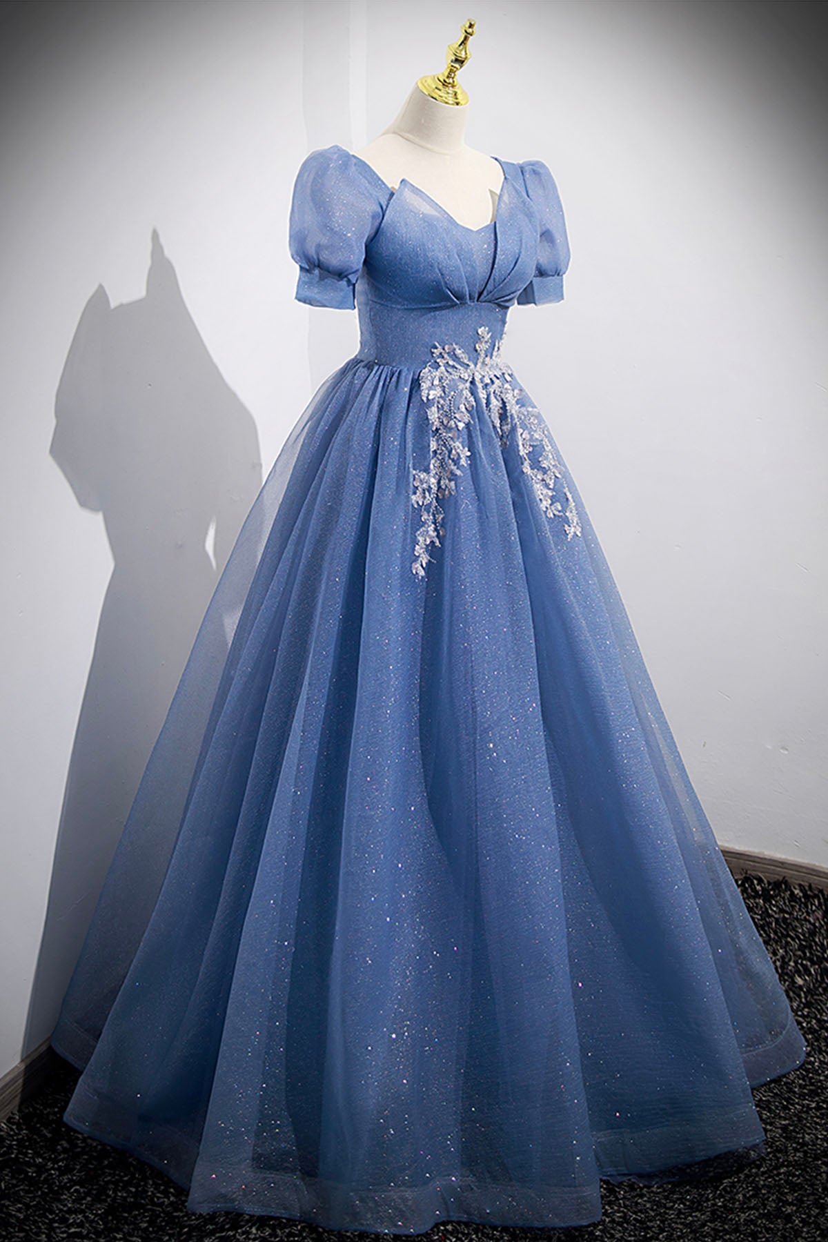 Blue Tulle Lace Floor Length Prom Dress, Blue Short Sleeve Evening Dress