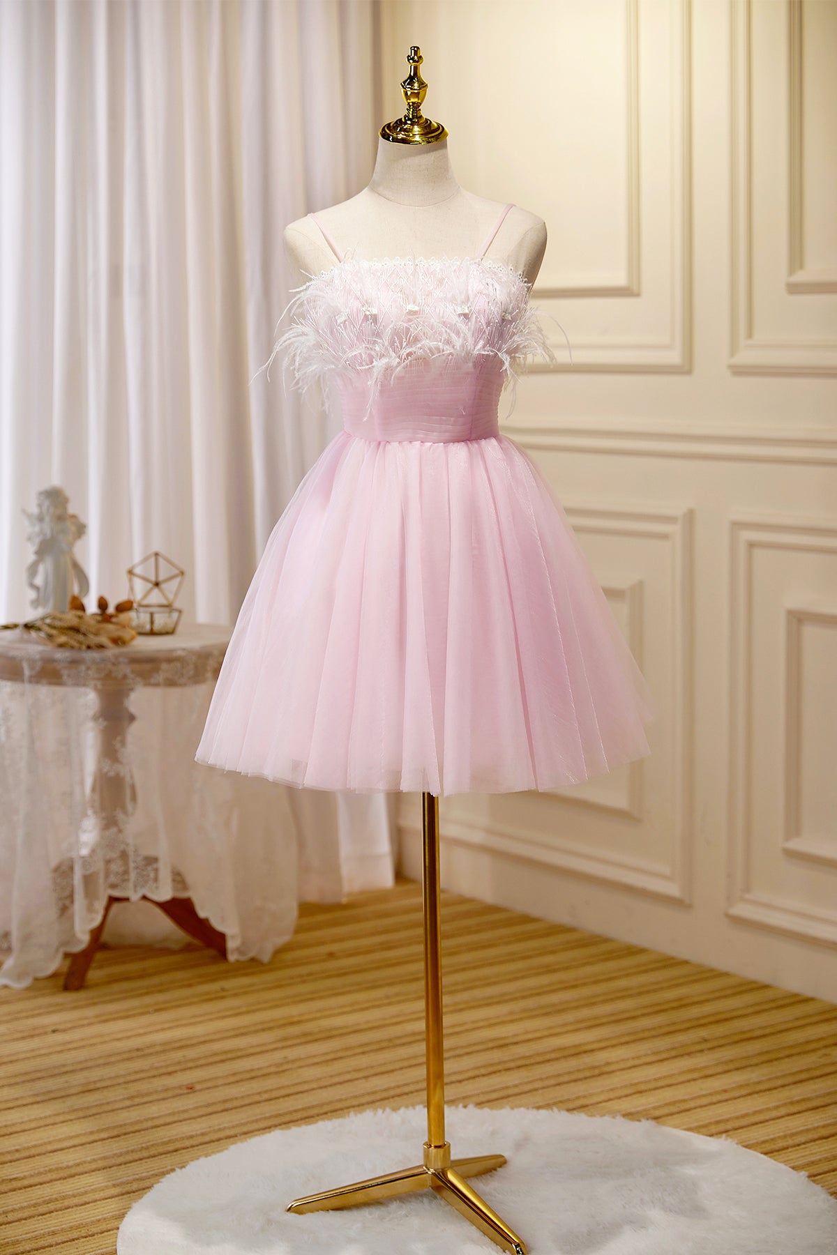 Pink Spaghetti Strap Tulle Short Prom Dress with Feather, Pink Party Dress