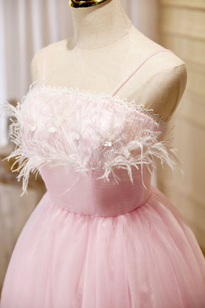 Pink Spaghetti Strap Tulle Short Prom Dress with Feather, Pink Party Dress