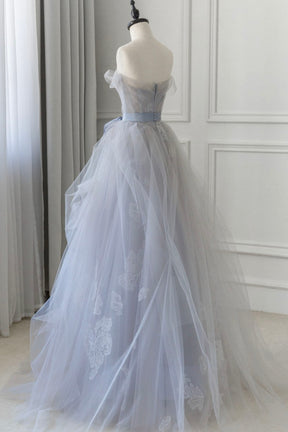 Gray Blue Lace Long Prom Dress, Strapless Evening Party Dress