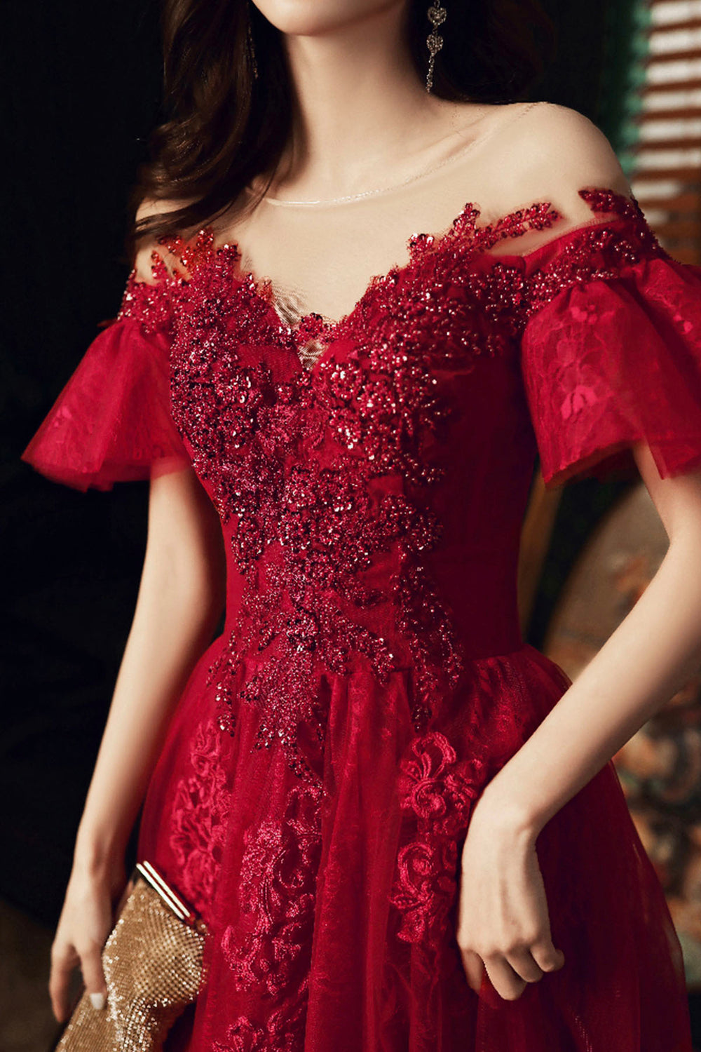 Burgundy Scoop Neckline Lace Long Prom Dress, Burgundy Graduation Dres