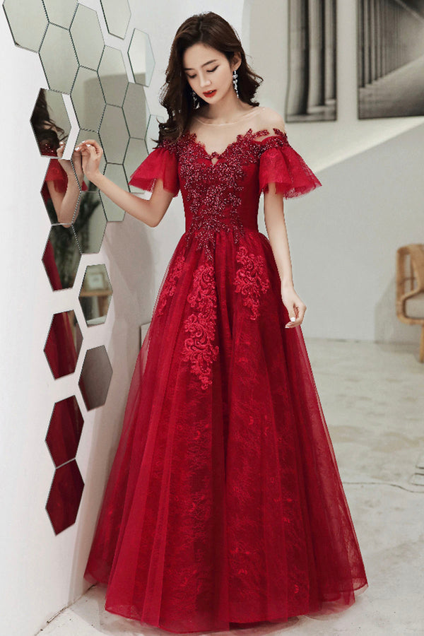 Burgundy Scoop Neckline Lace Long Prom Dress, Burgundy Graduation Dres