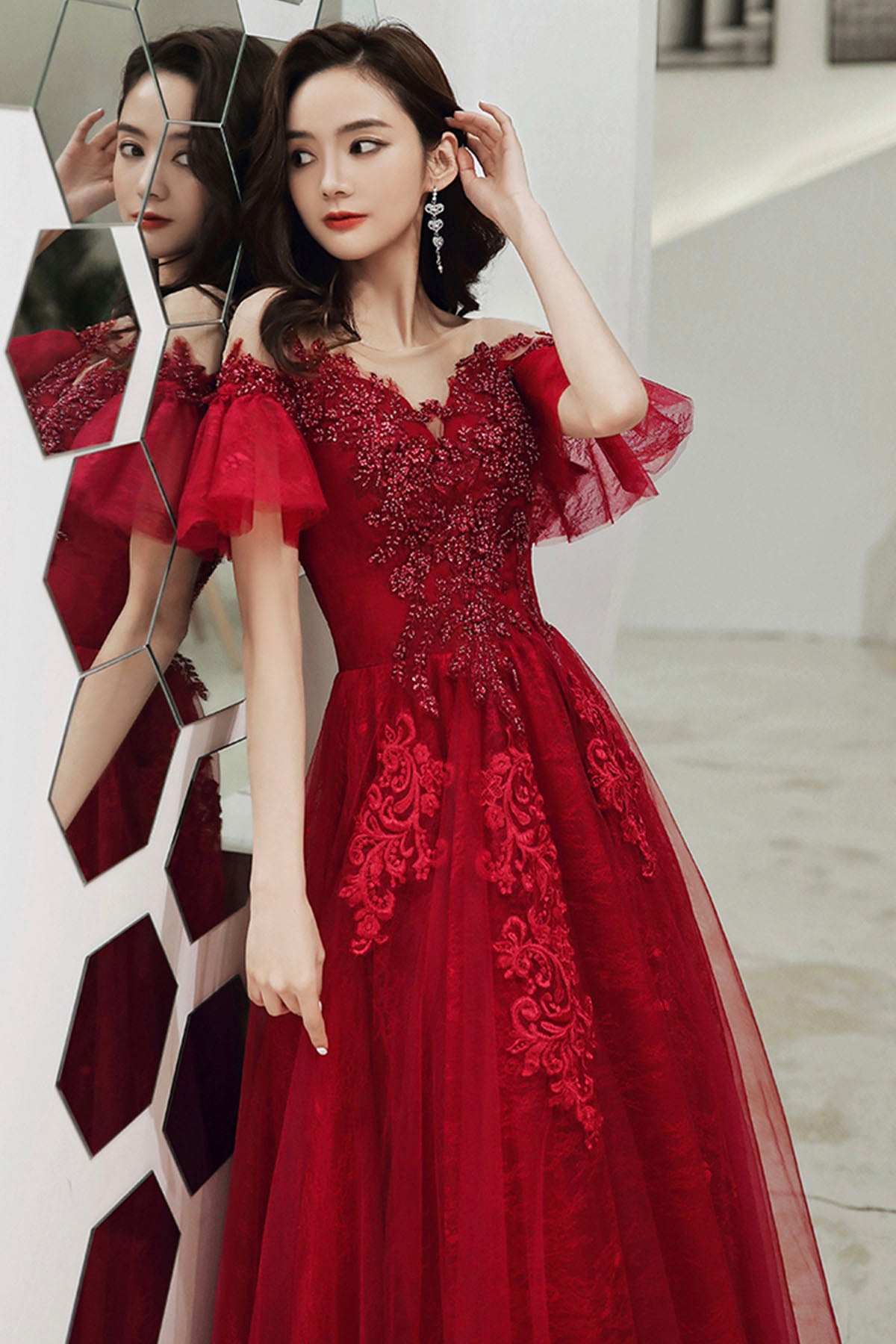Burgundy Scoop Neckline Lace Long Prom Dress, Burgundy Graduation Dres