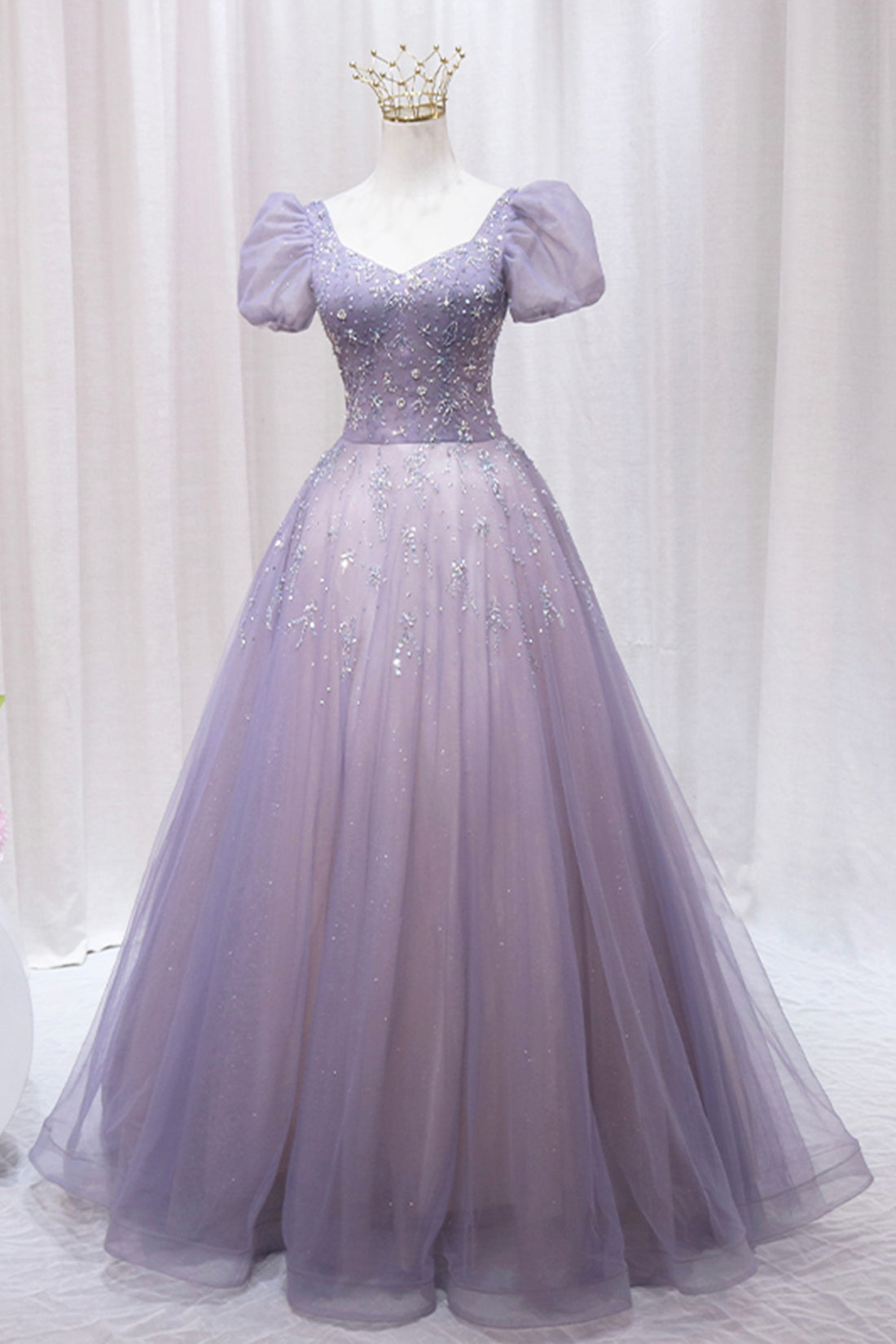 Purple Tulle Beaded Long Formal Dress, Cute A-Line Evening Dress