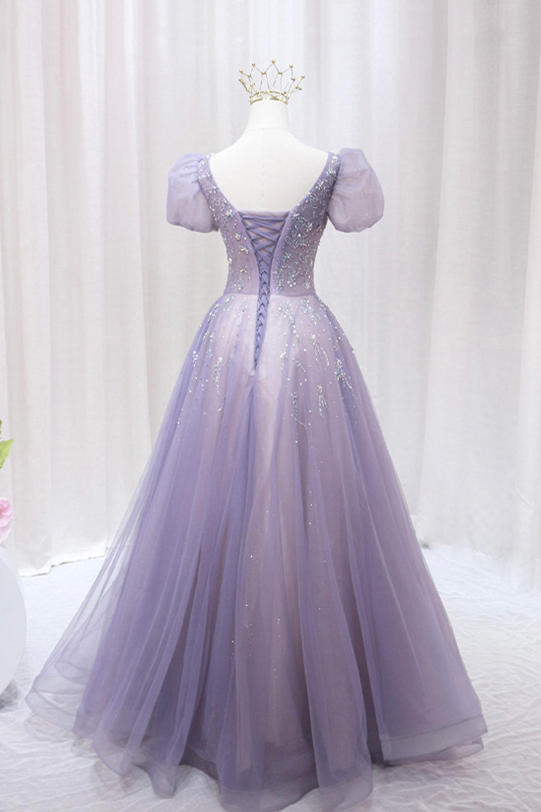 Purple Tulle Beaded Long Formal Dress, Cute A-Line Evening Dress