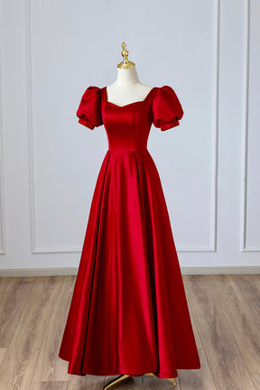 Red Satin Long Prom Dress, Simple A-Line Short Sleeve Evening Party Dr Red Satin Long Prom Dress, Simple A-Line Short Sleeve Evening Party Dr
