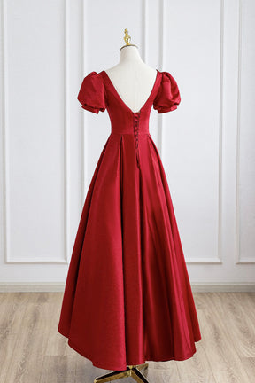 Red Satin Long Prom Dress, Simple A-Line Short Sleeve Evening Party Dress