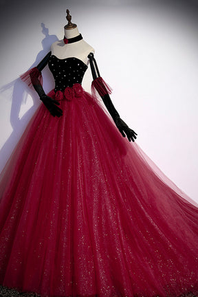 Burgundy Strapless Tulle Long Prom Dress, A-Line Evening Party Dress