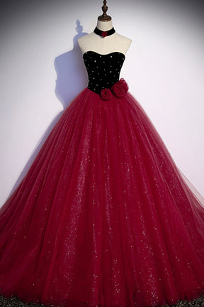 Burgundy Strapless Tulle Long Prom Dress, A-Line Evening Party Dress