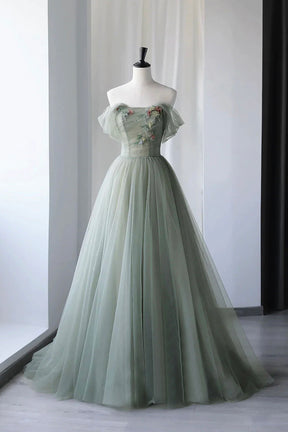 Gray Green Tulle Long Prom Dress, Lovely Off Shoulder A-Line Evening Dress