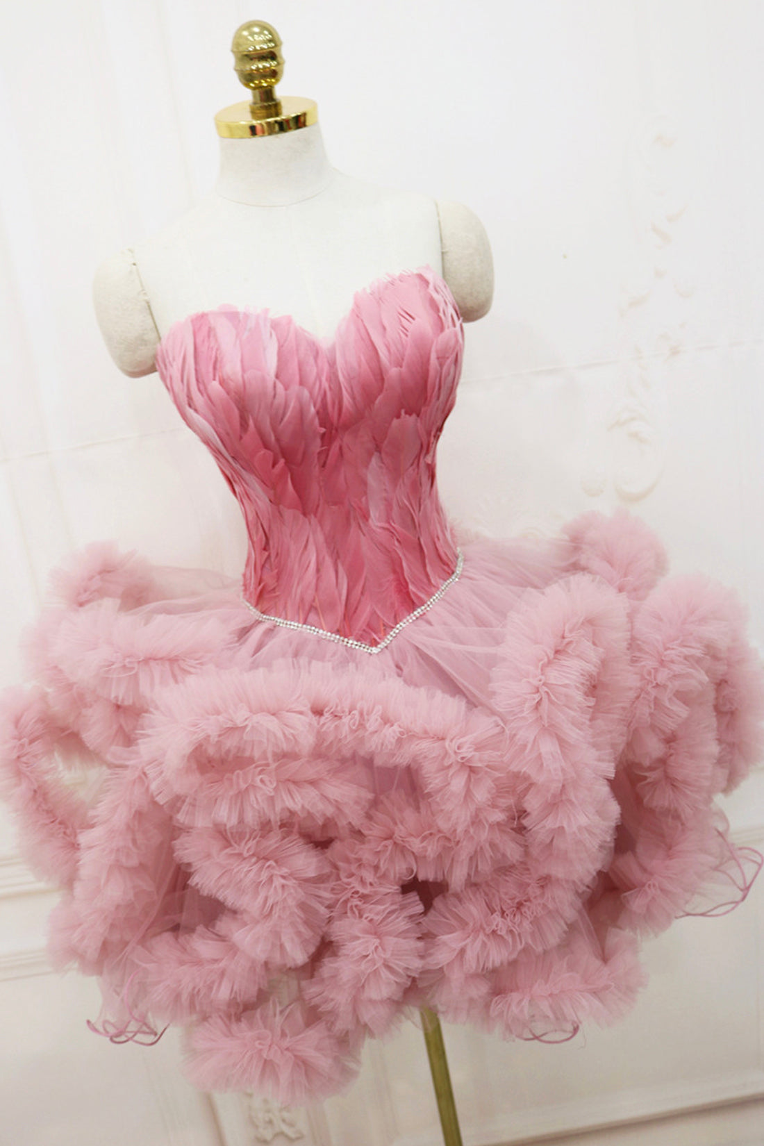 Pink Sweetheart Neck Tulle Party Dress, A Line Short Prom Dress with Feather