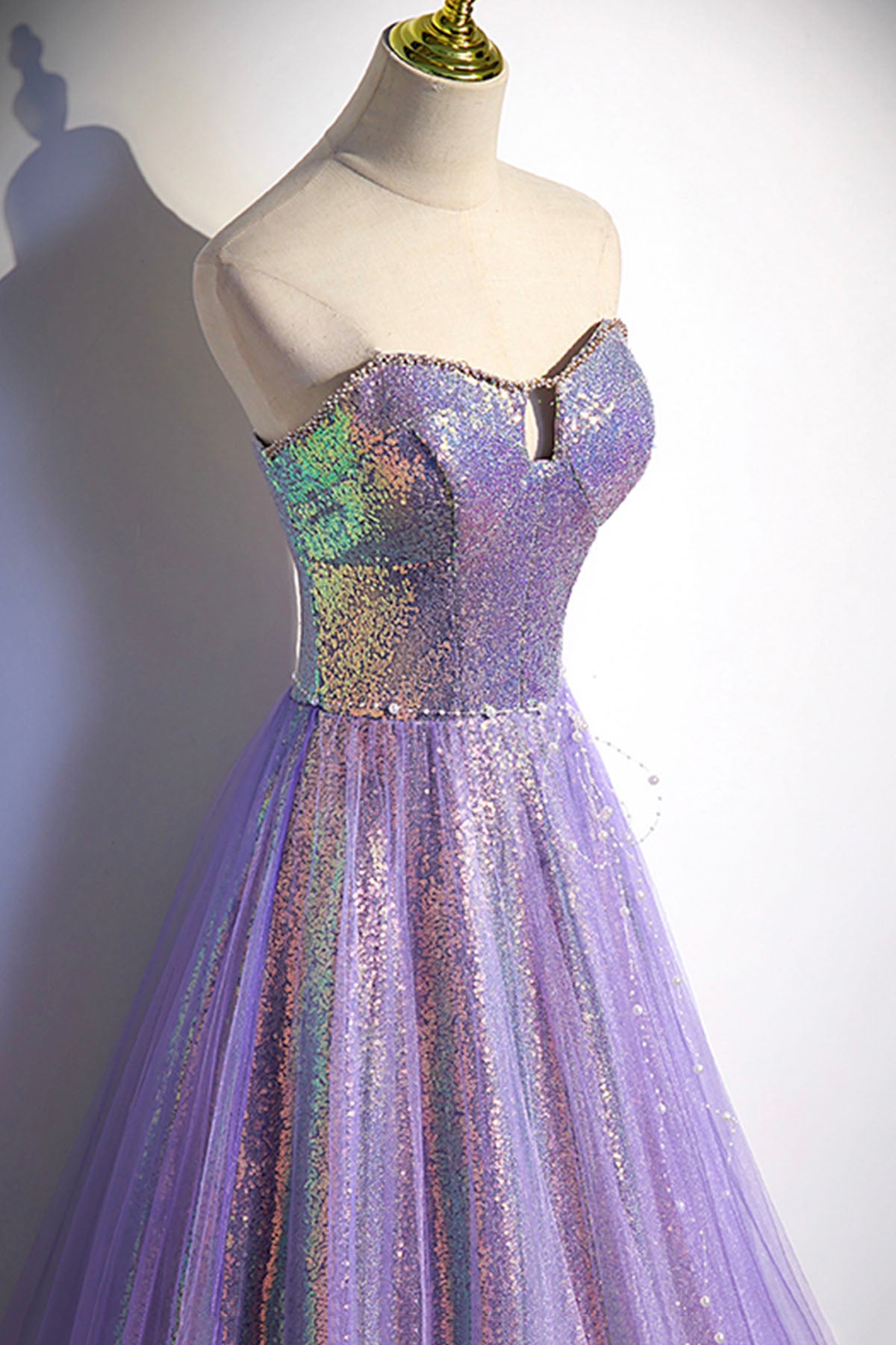 Purple Sequins Long A-Line Prom Dress, Purple Strapless Evening Graduation Dress