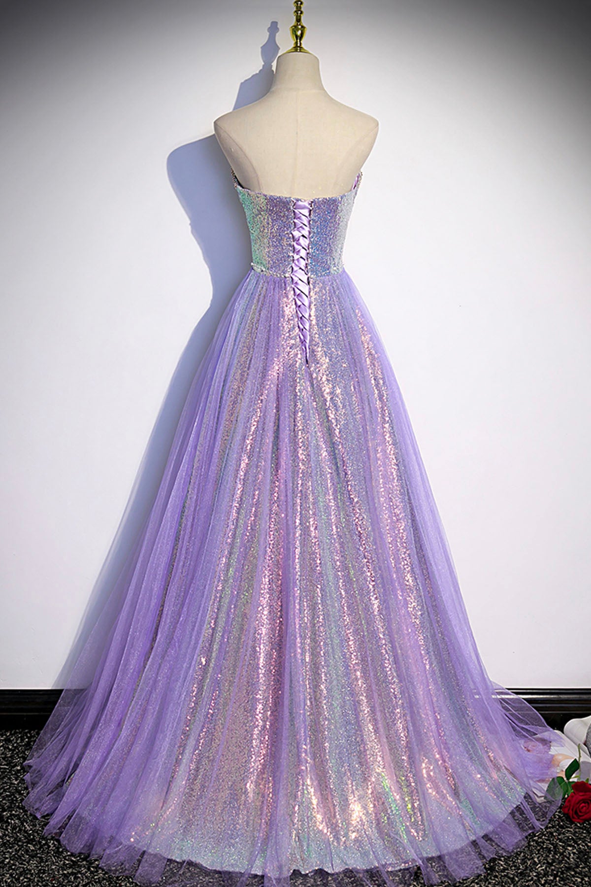 Purple Sequins Long A-Line Prom Dress, Purple Strapless Evening Graduation Dress