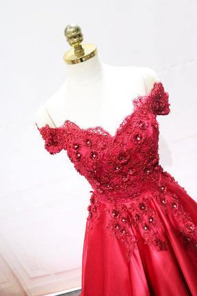 Red Satin Lace Long Prom Dress, Off Shoulder Evening Party Dress