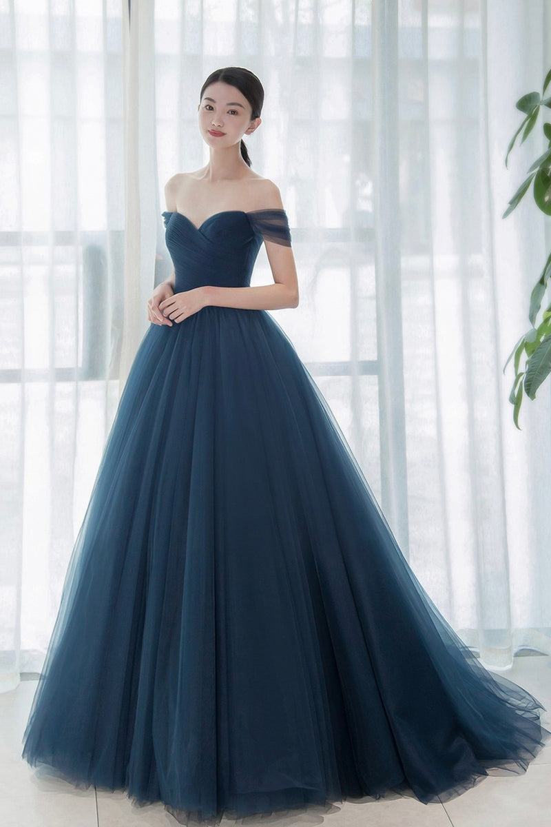 Elegant Tulle Long A-Line Prom Dress, Blue Off the Shoulder Evening Dr