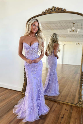Purple Strapless Tulle Long Prom Dress with Lace, Mermaid Evening Dress