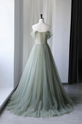 Gray Green Tulle Long Prom Dress, Lovely Off Shoulder A-Line Evening Dress