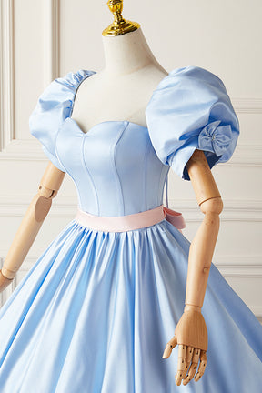 Blue Satin Long Princess Dress, Lovely Short Sleeve Ball Gown Sweet 16 Blue Satin Long Princess Dress, Lovely Short Sleeve Ball Gown Sweet 16
