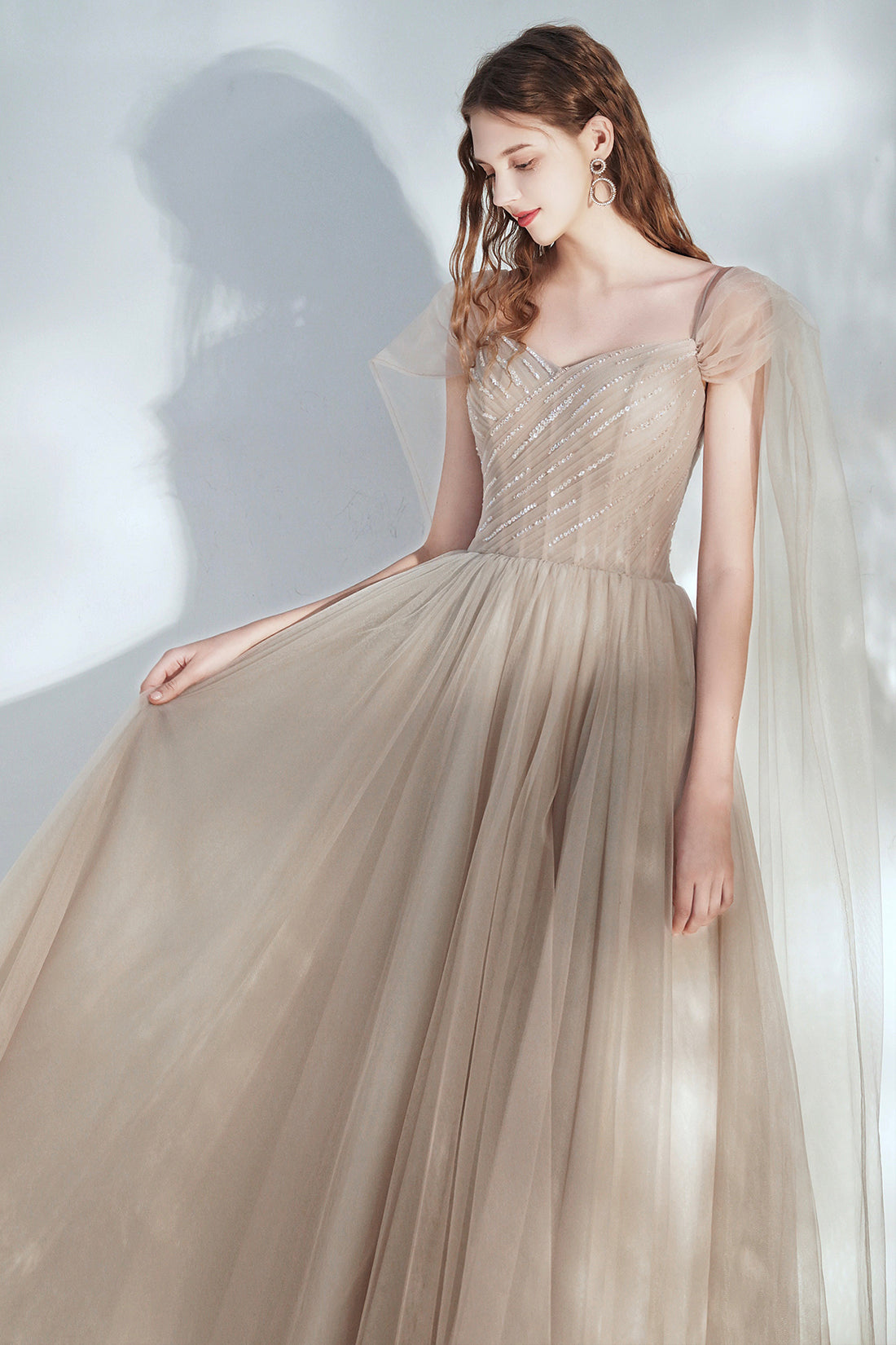 Champagne V-Neck Tulle Long Prom Dress with Beaded, Beautiful A-Line Formal Dress