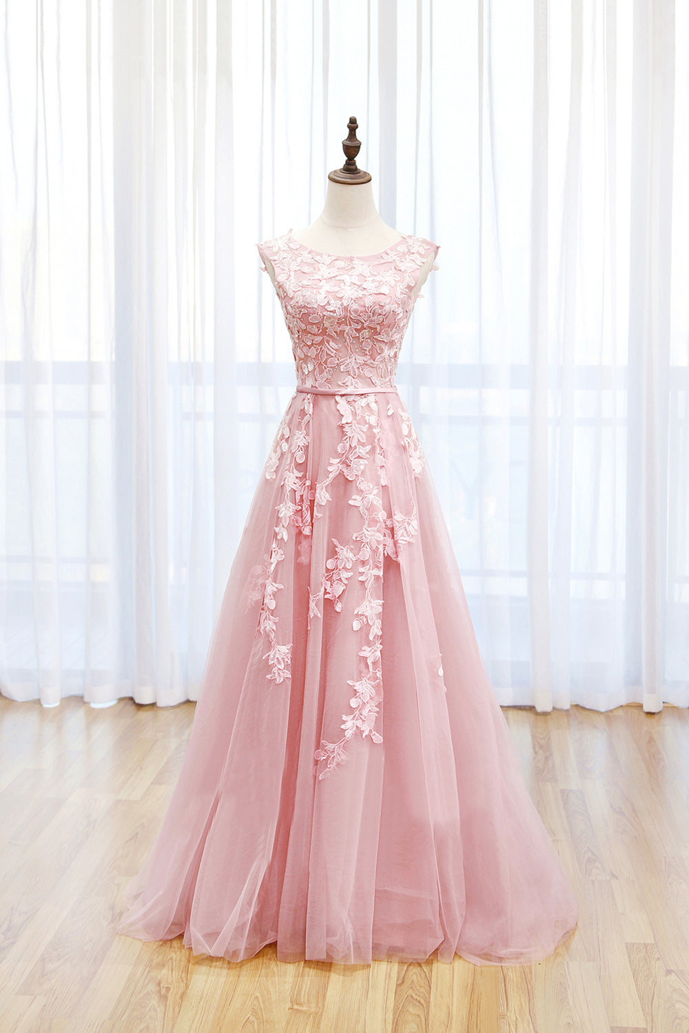 Pink Tulle Lace Long Prom Dress, Lovely A-Line Open Back Evening Dress