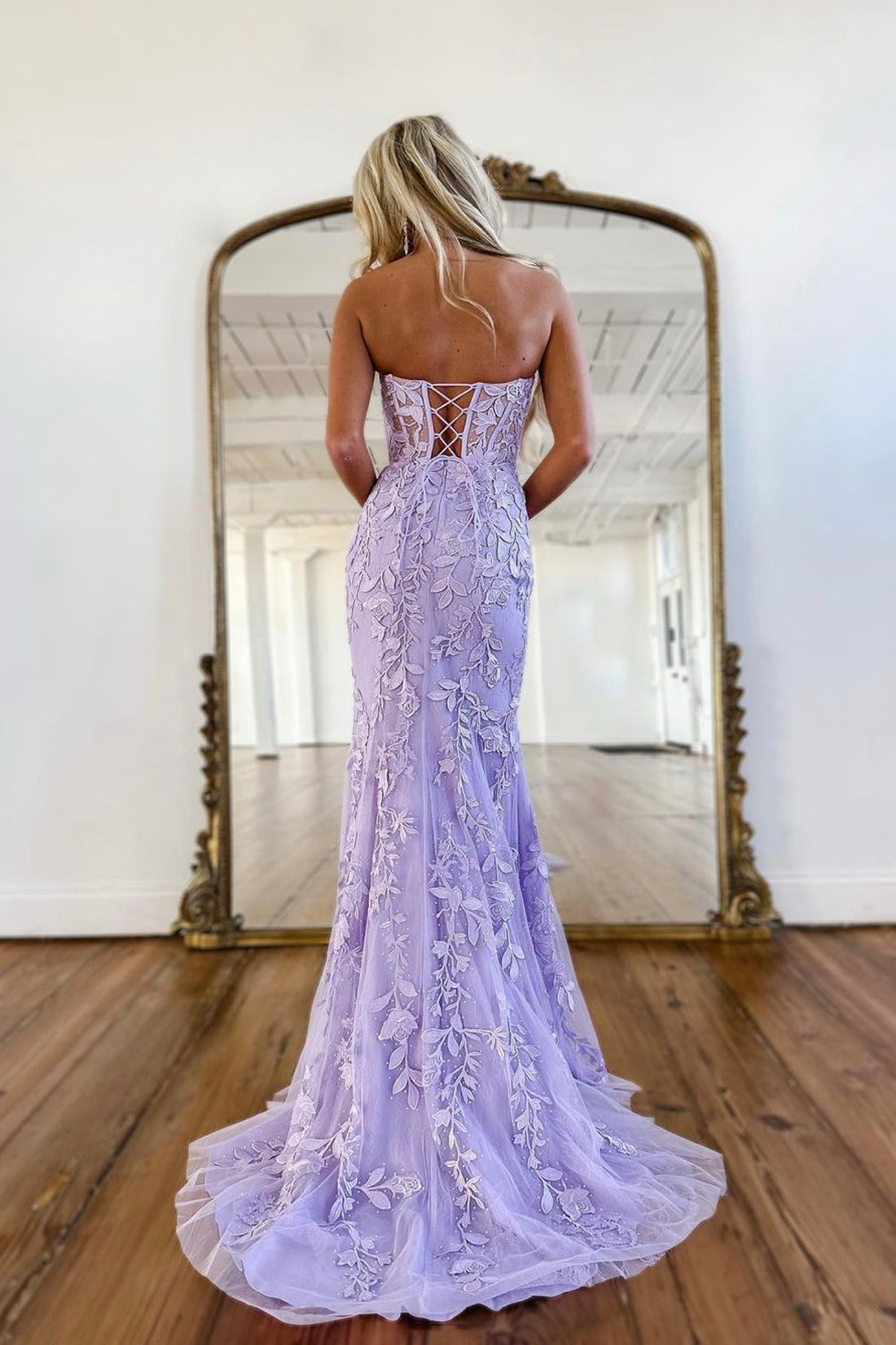 Purple Strapless Tulle Long Prom Dress with Lace, Mermaid Evening Dress