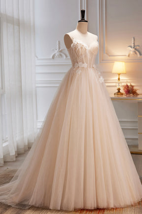 Champagne Spaghetti Strap Tulle Formal Dress with Feathers, Cute A-Line Evening Dress