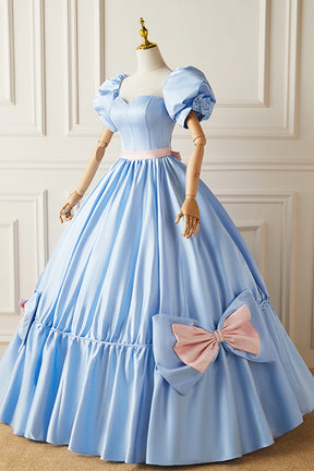 Blue Satin Long Princess Dress, Lovely Short Sleeve Ball Gown Sweet 16 Dress