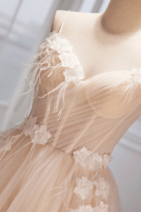 Champagne Spaghetti Strap Tulle Formal Dress with Feathers, Cute A-Line Evening Dress