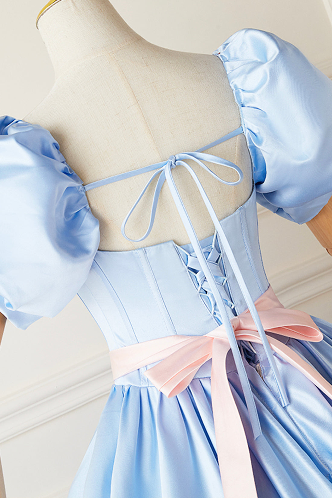 Blue Satin Long Princess Dress, Lovely Short Sleeve Ball Gown Sweet 16 Blue Satin Long Princess Dress, Lovely Short Sleeve Ball Gown Sweet 16